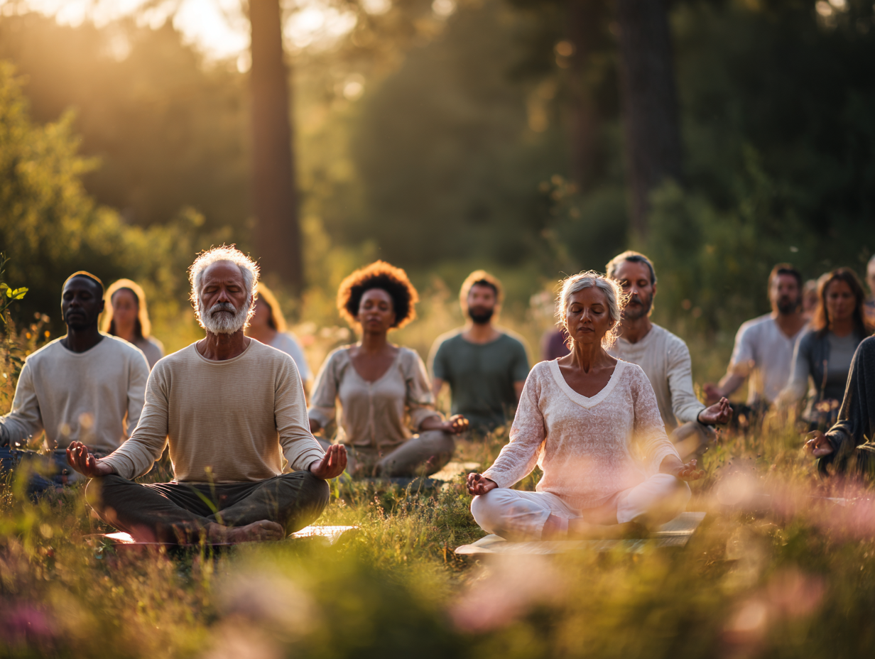 Люди різного віку практикують йогу на світанку