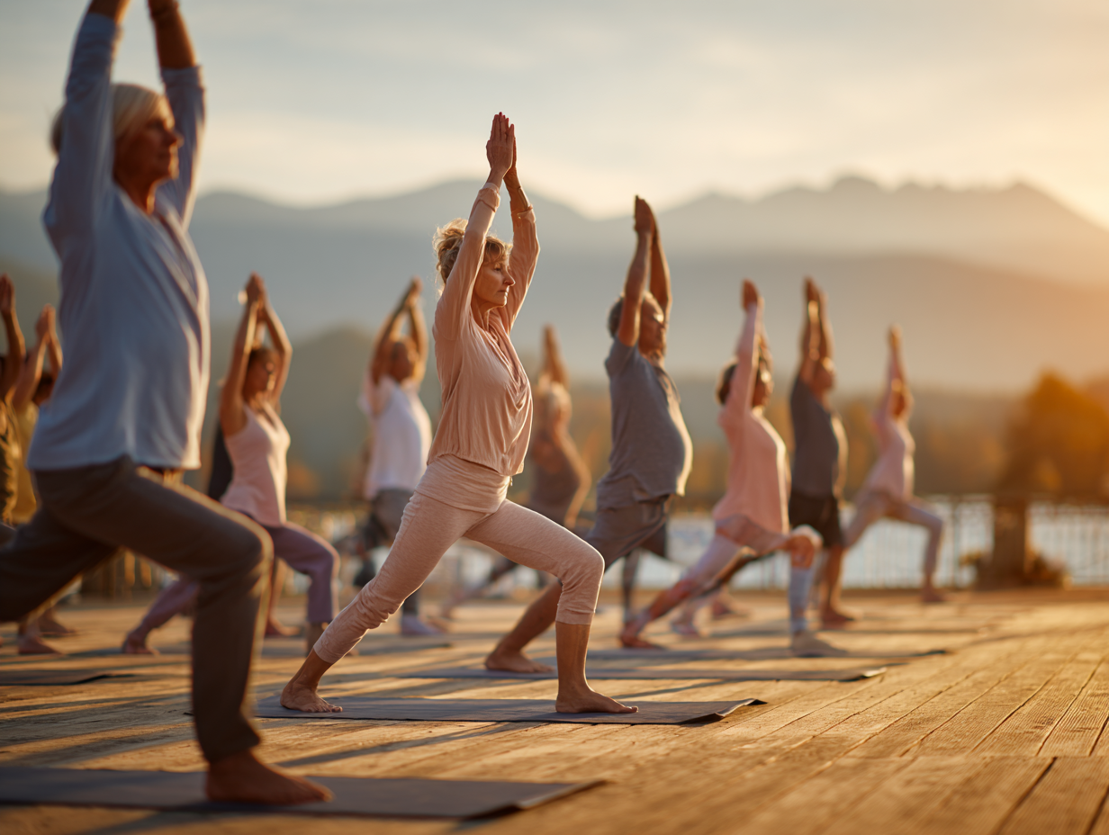 Група людей різного віку медитує в мирній природі