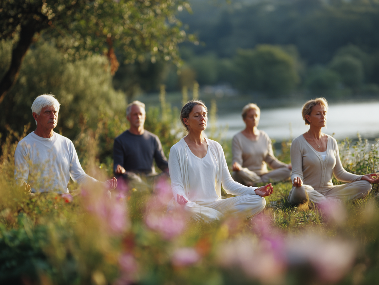 Інструктор демонструє йога-асану групі практиків різного віку